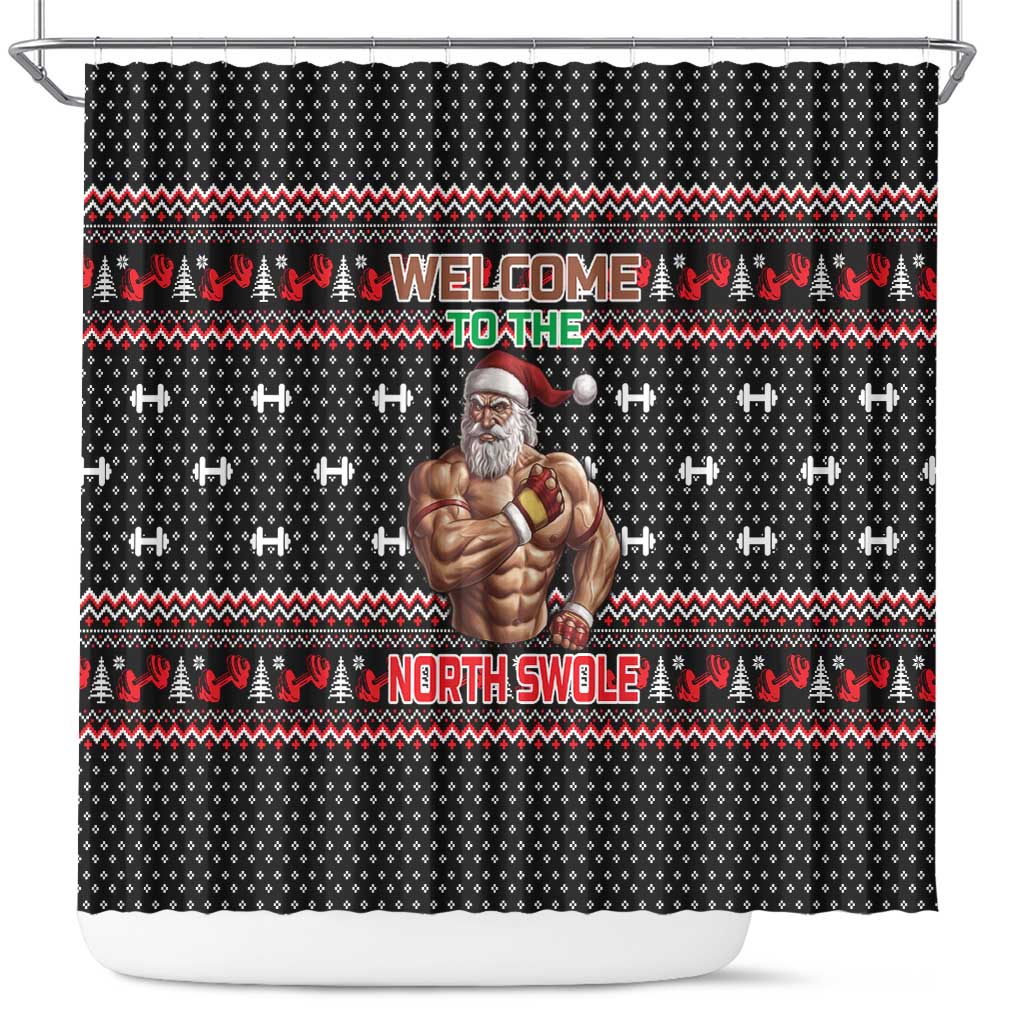 Bodybuilder Santa Christmas Shower Curtain with Welcome to the North Swole Quote and Dumbbell - Wonder Print Shop