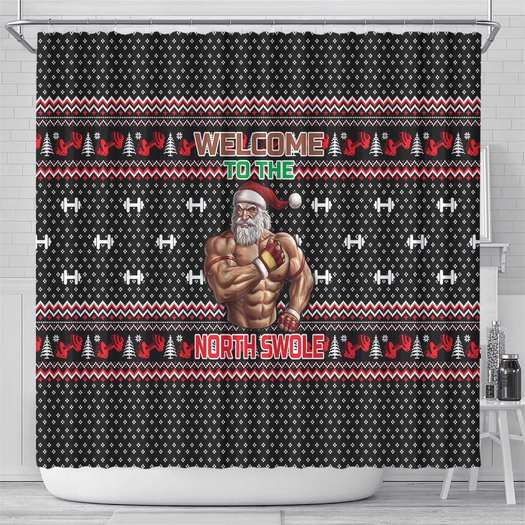 Bodybuilder Santa Christmas Shower Curtain with Welcome to the North Swole Quote and Dumbbell - Wonder Print Shop