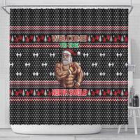 Bodybuilder Santa Christmas Shower Curtain with Welcome to the North Swole Quote and Dumbbell - Wonder Print Shop