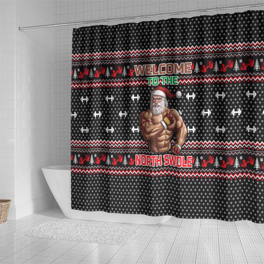 Bodybuilder Santa Christmas Shower Curtain with Welcome to the North Swole Quote and Dumbbell - Wonder Print Shop
