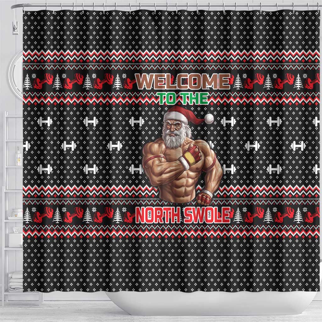 Bodybuilder Santa Christmas Shower Curtain with Welcome to the North Swole Quote and Dumbbell - Wonder Print Shop