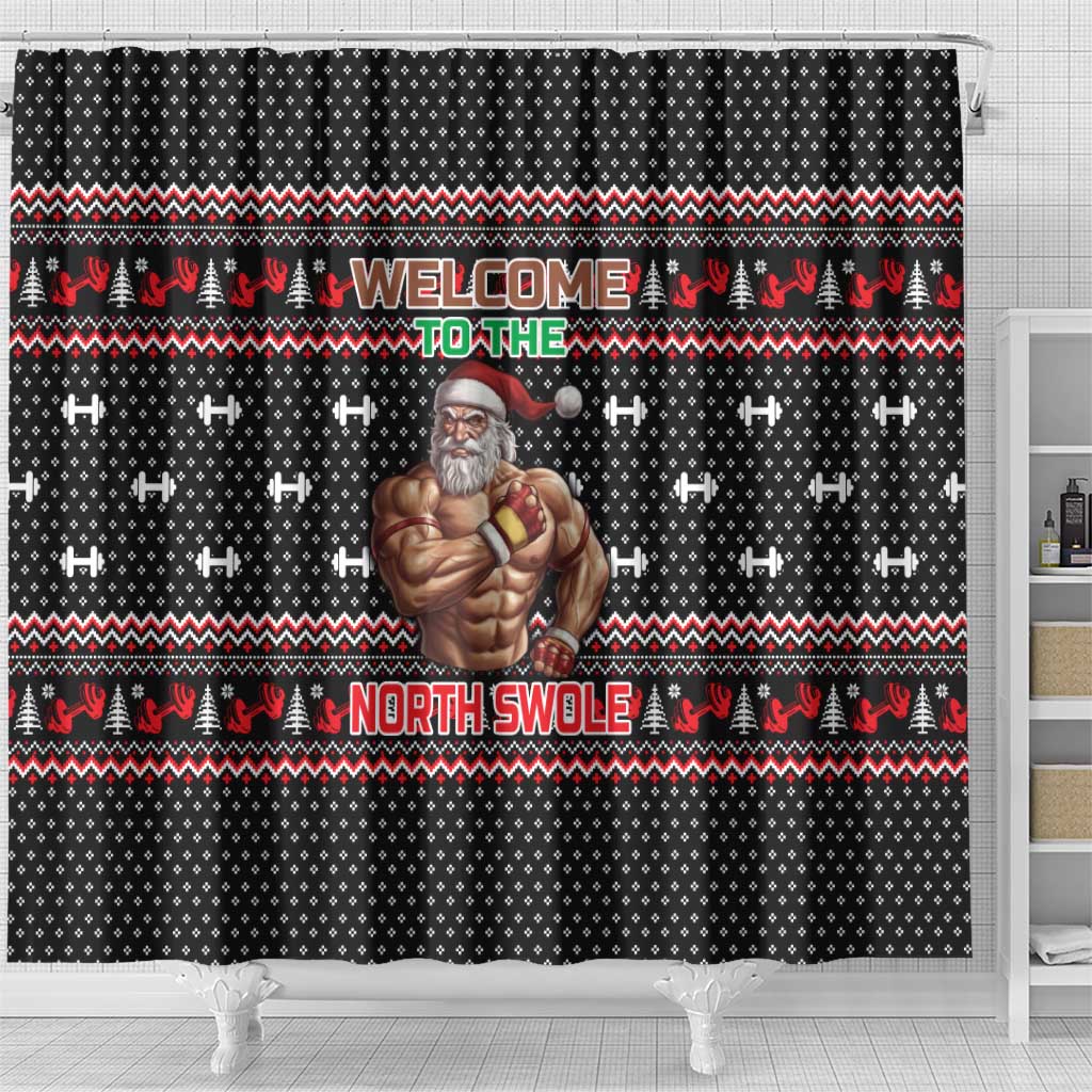Bodybuilder Santa Christmas Shower Curtain with Welcome to the North Swole Quote and Dumbbell - Wonder Print Shop