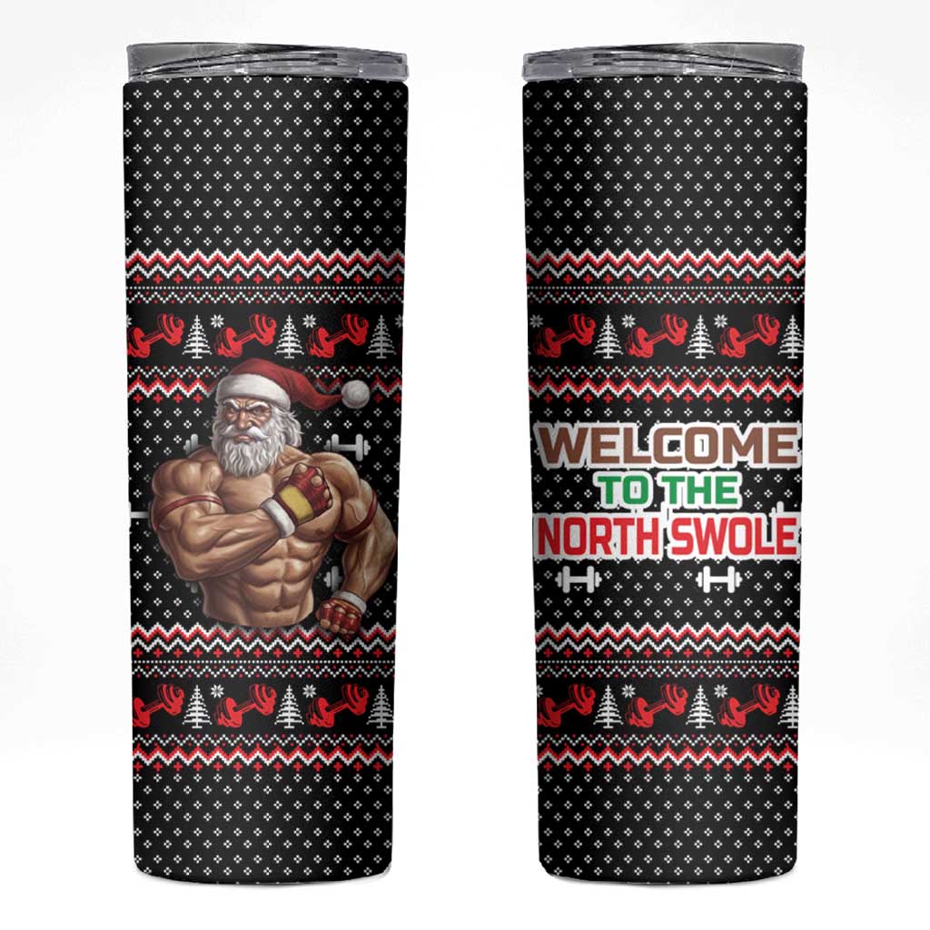 Bodybuilder Santa Christmas Skinny Tumbler with Welcome to the North Swole Quote and Dumbbell - Wonder Print Shop