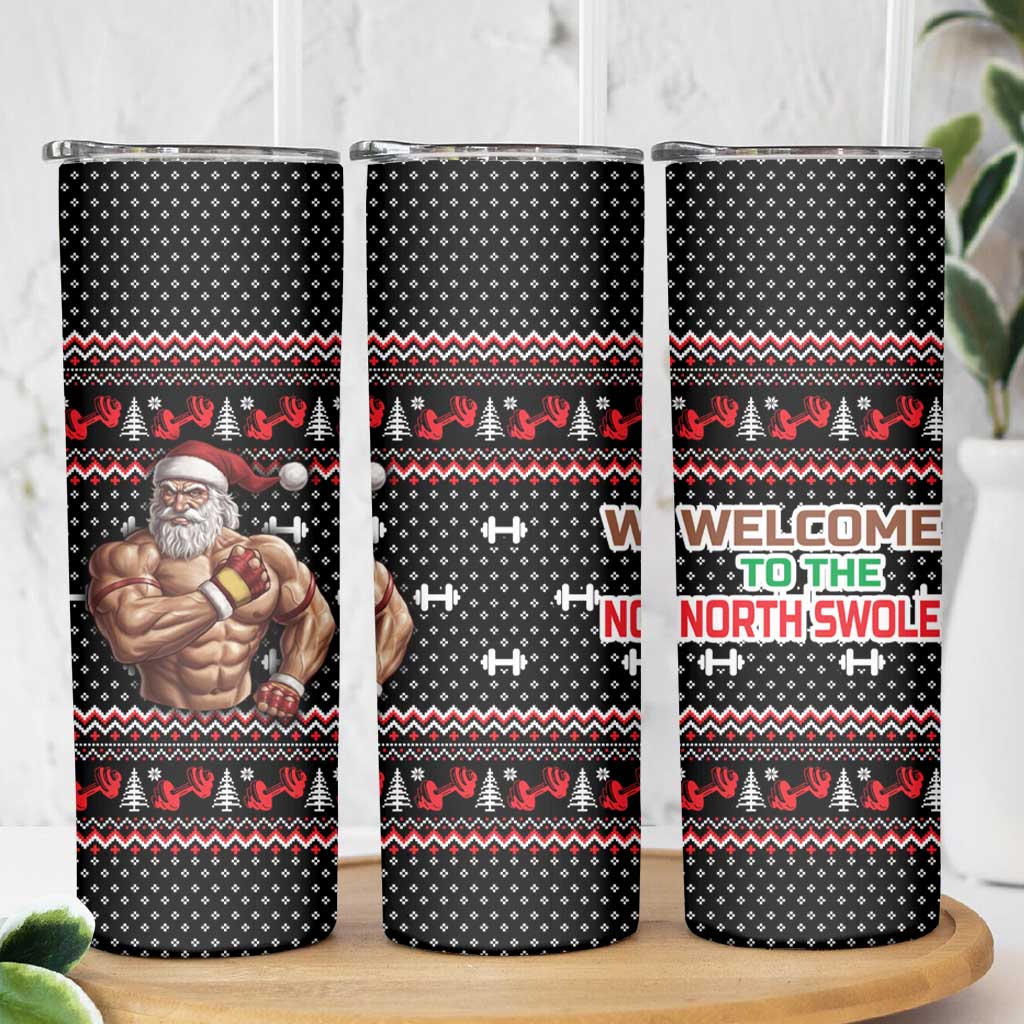 Bodybuilder Santa Christmas Skinny Tumbler with Welcome to the North Swole Quote and Dumbbell - Wonder Print Shop