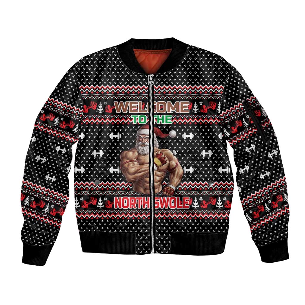 Bodybuilder Santa Christmas Sleeve Zip Bomber Jacket with Welcome to the North Swole Quote and Dumbbell - Wonder Print Shop