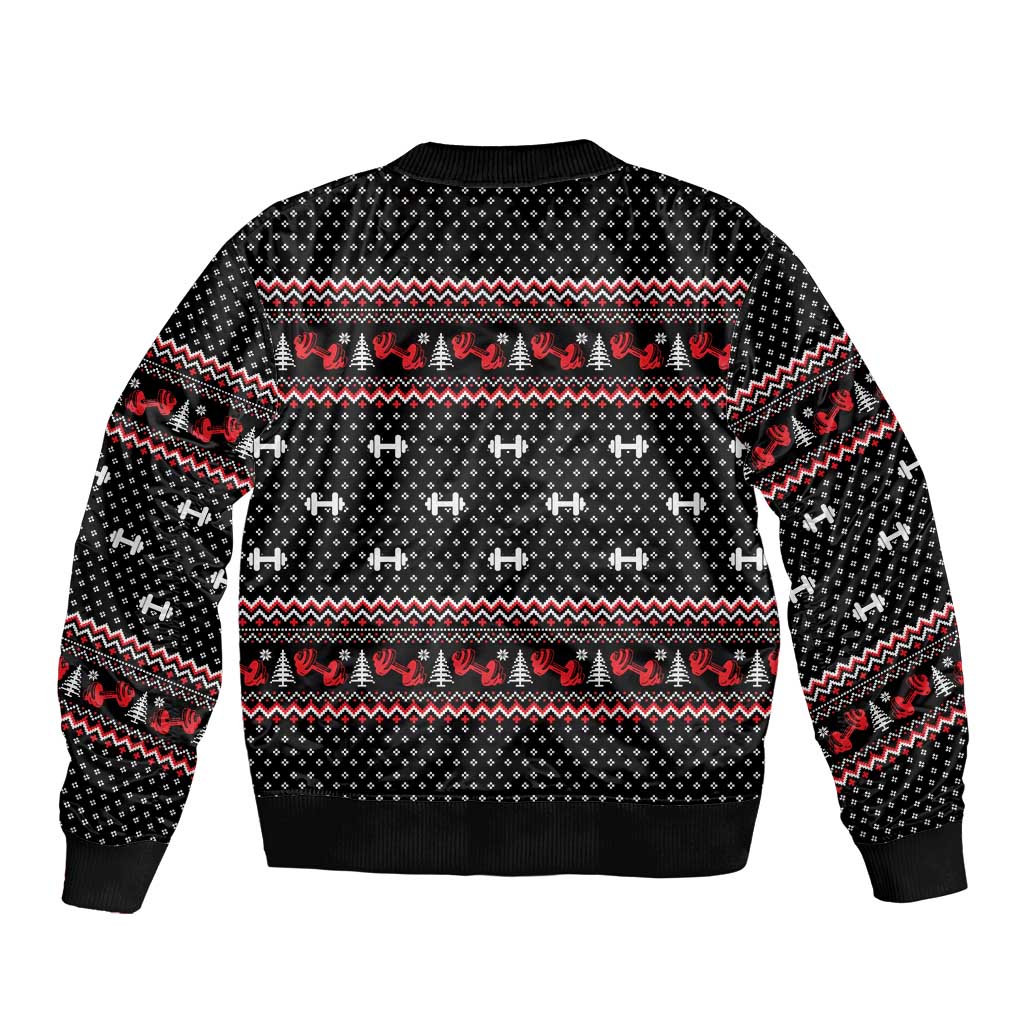 Bodybuilder Santa Christmas Sleeve Zip Bomber Jacket with Welcome to the North Swole Quote and Dumbbell - Wonder Print Shop
