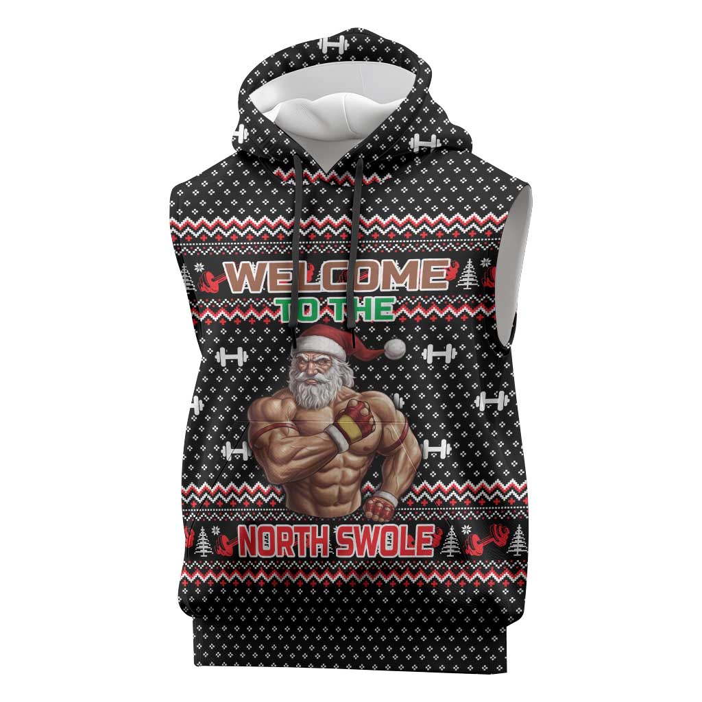 Bodybuilder Santa Christmas Sleeveless Hoodie with Welcome to the North Swole Quote and Dumbbell - Wonder Print Shop