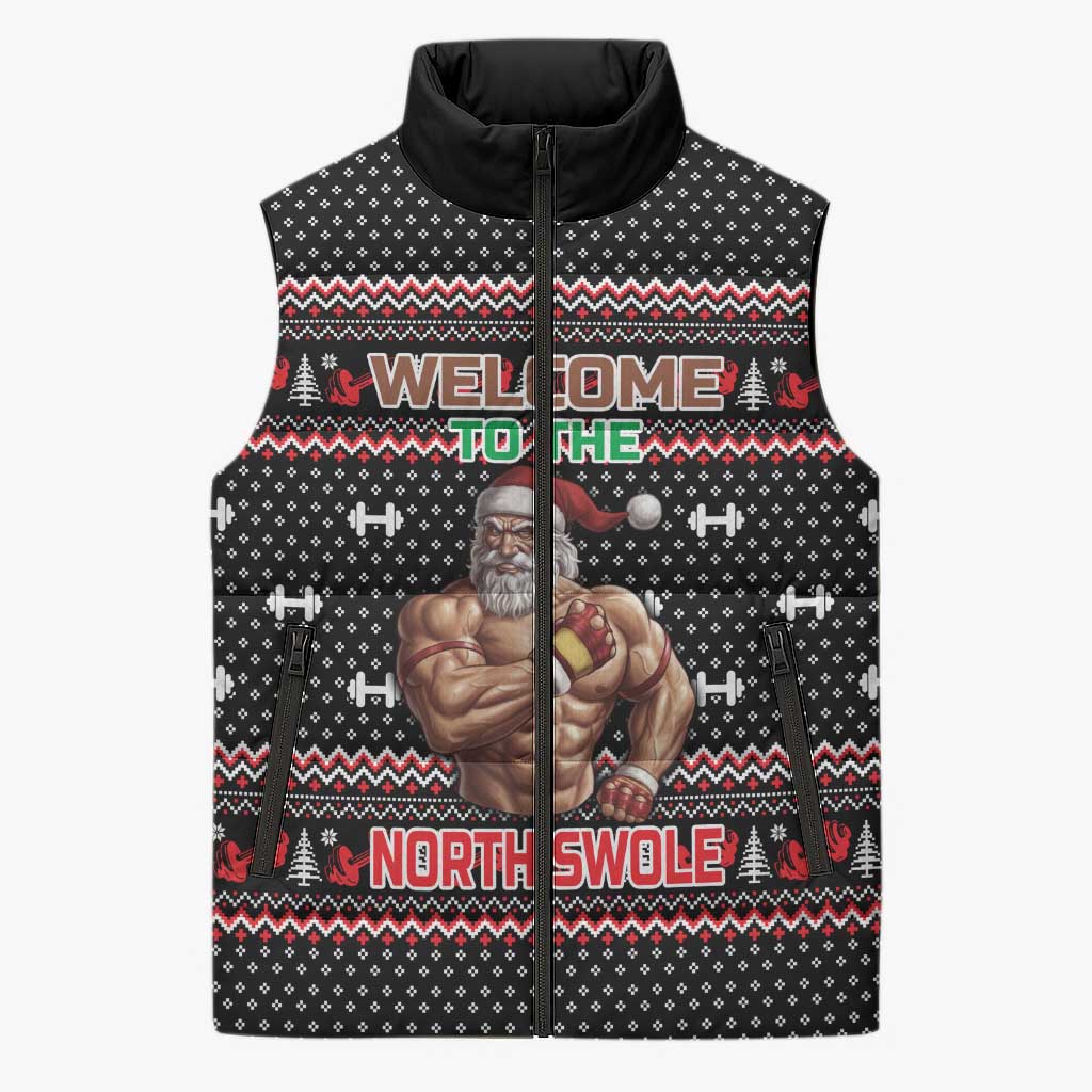 Bodybuilder Santa Christmas Sleeveless Puffer Jacket with Welcome to the North Swole Quote and Dumbbell - Wonder Print Shop
