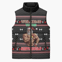 Bodybuilder Santa Christmas Sleeveless Puffer Jacket with Welcome to the North Swole Quote and Dumbbell - Wonder Print Shop