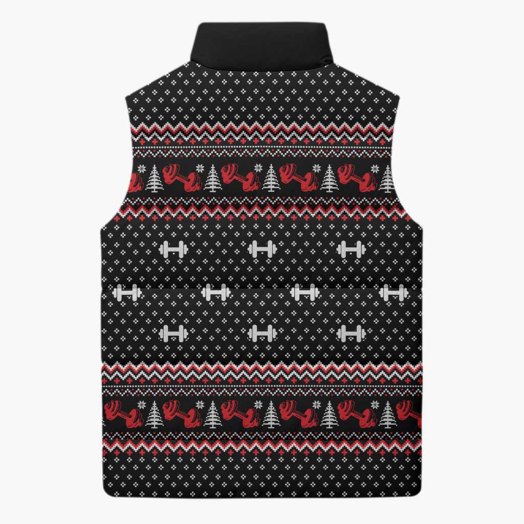 Bodybuilder Santa Christmas Sleeveless Puffer Jacket with Welcome to the North Swole Quote and Dumbbell - Wonder Print Shop