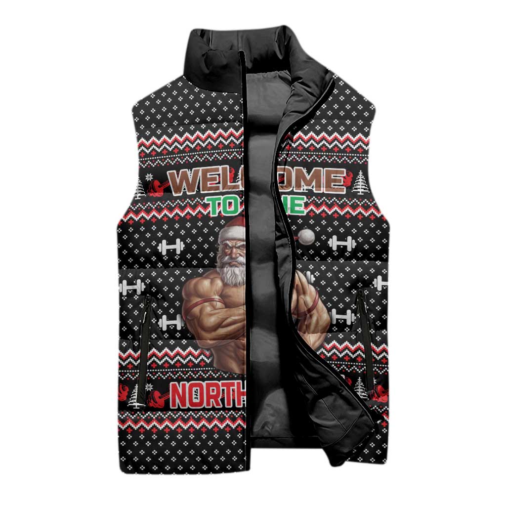 Bodybuilder Santa Christmas Sleeveless Puffer Jacket with Welcome to the North Swole Quote and Dumbbell - Wonder Print Shop