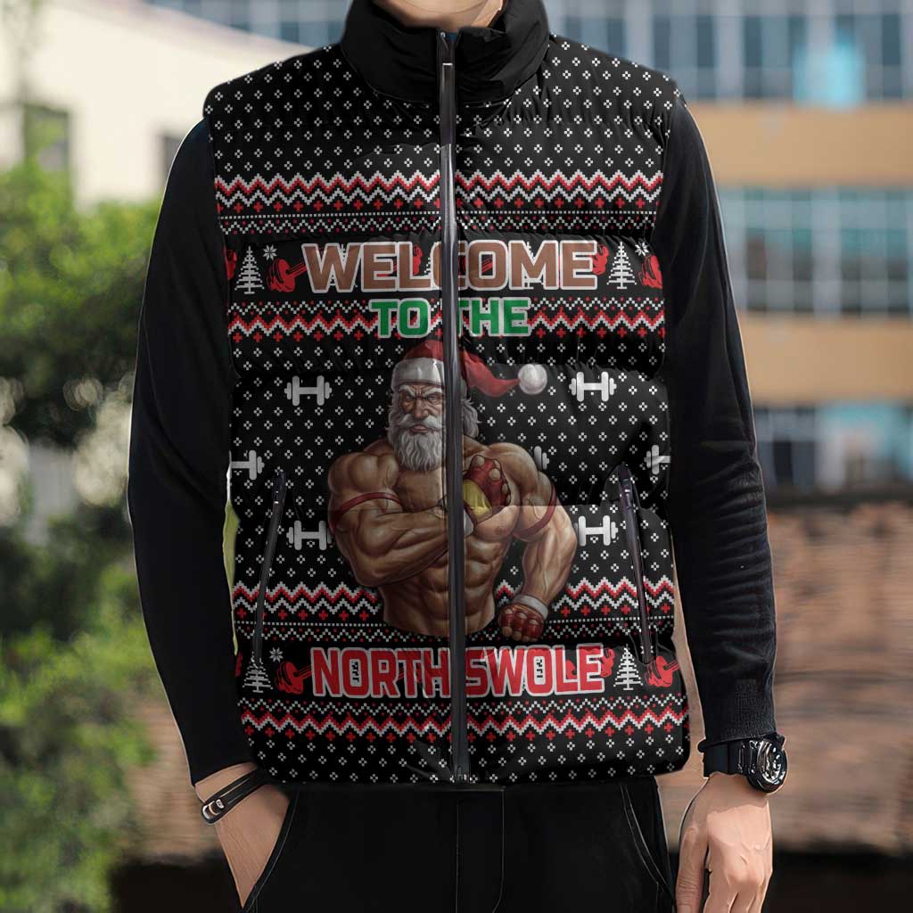 Bodybuilder Santa Christmas Sleeveless Puffer Jacket with Welcome to the North Swole Quote and Dumbbell - Wonder Print Shop