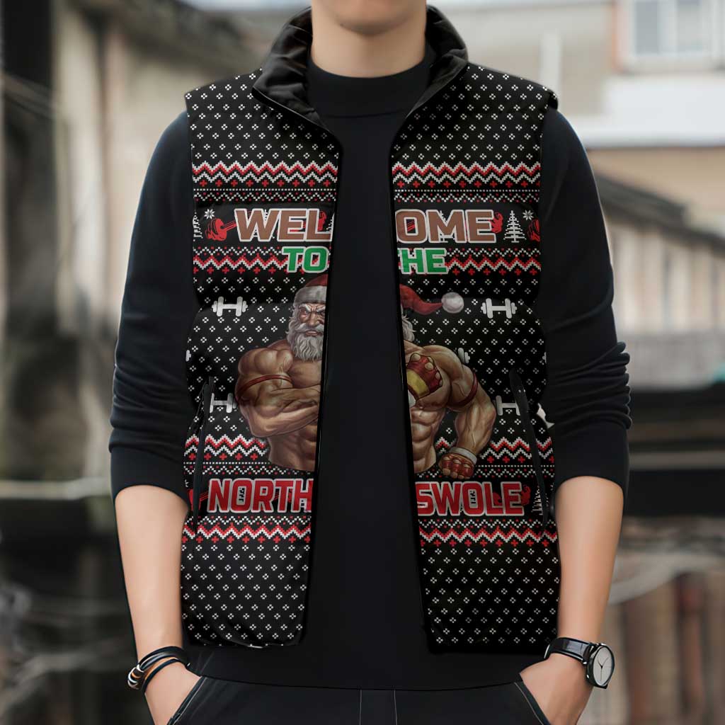 Bodybuilder Santa Christmas Sleeveless Puffer Jacket with Welcome to the North Swole Quote and Dumbbell - Wonder Print Shop