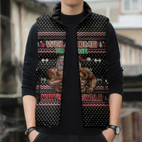 Bodybuilder Santa Christmas Sleeveless Puffer Jacket with Welcome to the North Swole Quote and Dumbbell - Wonder Print Shop