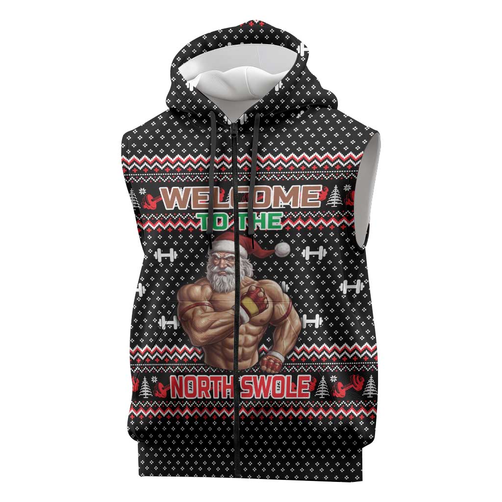 Bodybuilder Santa Christmas Sleeveless Zip Hoodie with Welcome to the North Swole Quote and Dumbbell - Wonder Print Shop