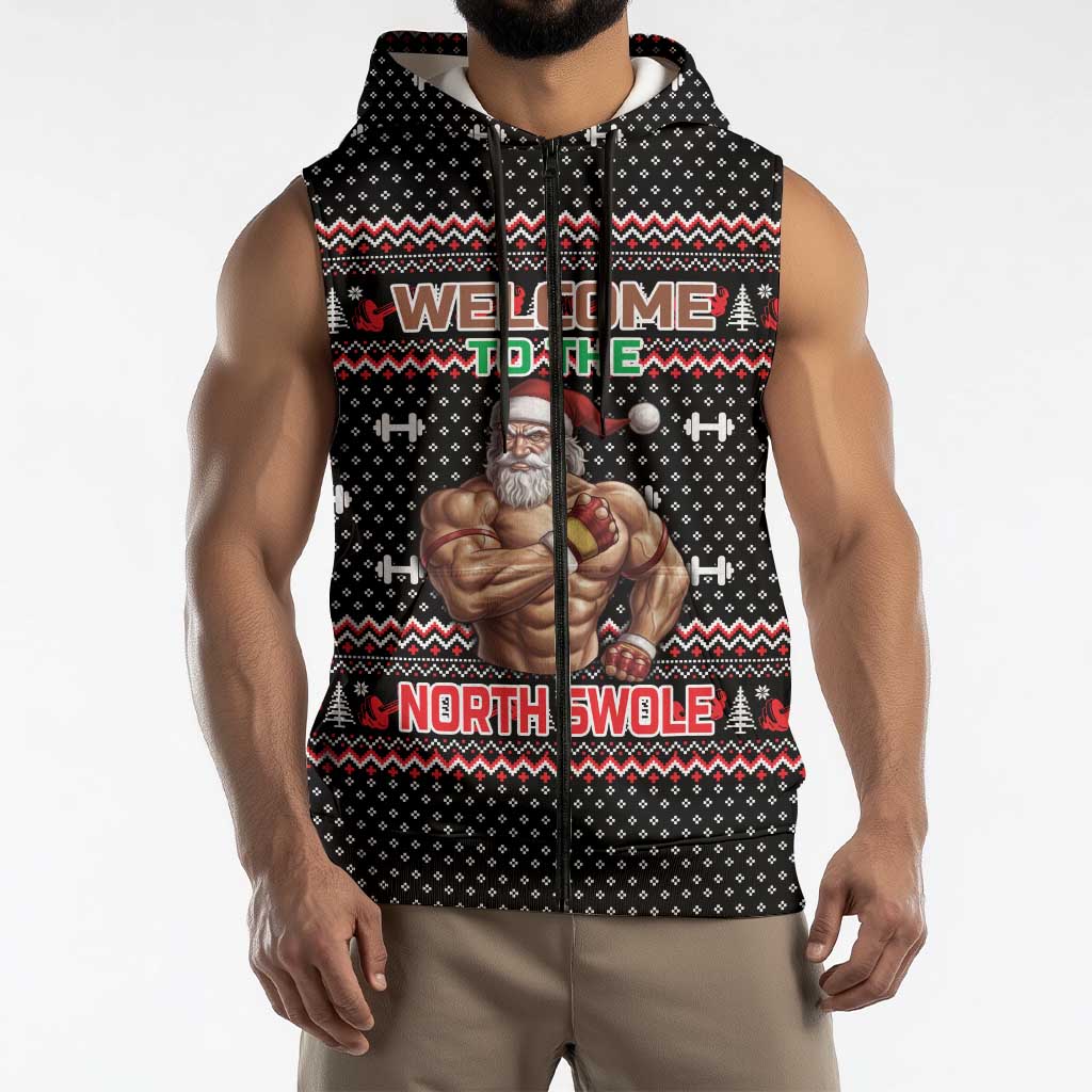 Bodybuilder Santa Christmas Sleeveless Zip Hoodie with Welcome to the North Swole Quote and Dumbbell - Wonder Print Shop