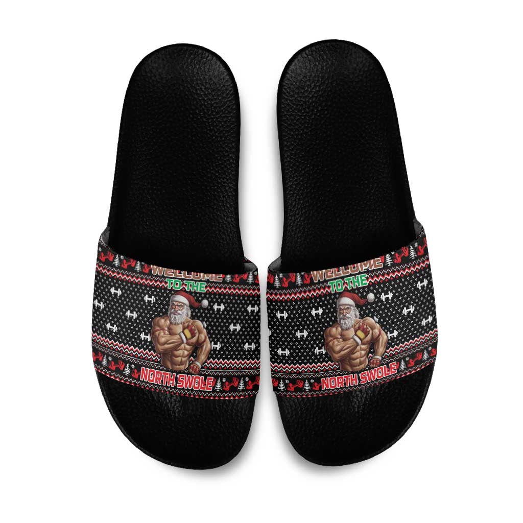 Bodybuilder Santa Christmas Slide Sandals with Welcome to the North Swole Quote and Dumbbell - Wonder Print Shop