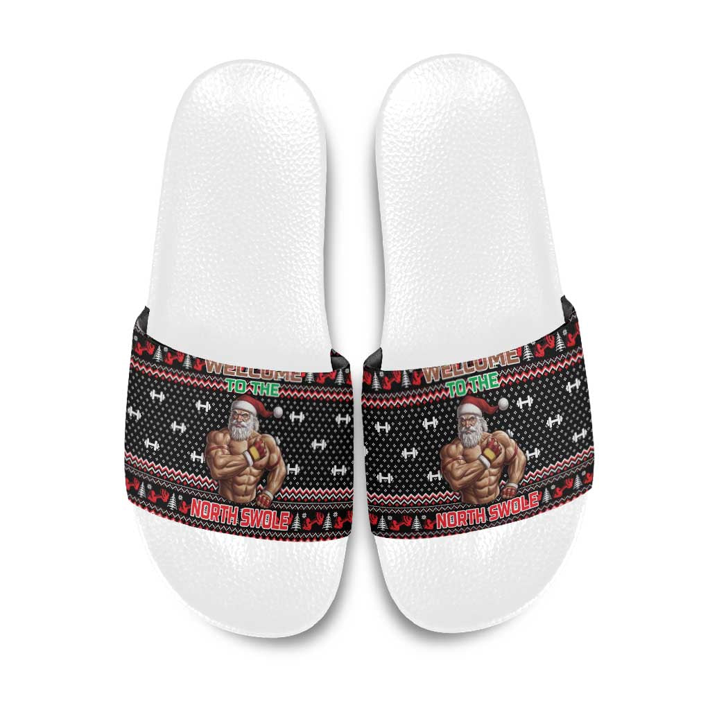Bodybuilder Santa Christmas Slide Sandals with Welcome to the North Swole Quote and Dumbbell - Wonder Print Shop