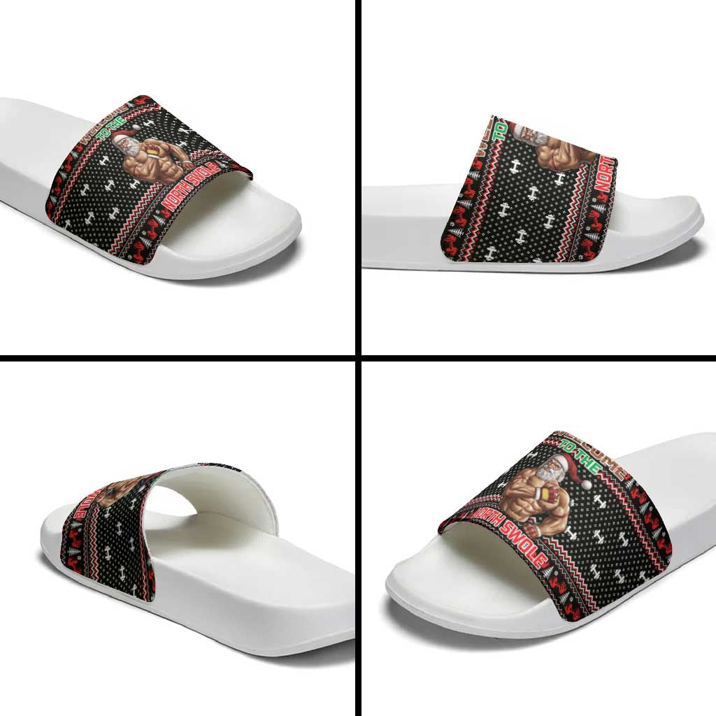 Bodybuilder Santa Christmas Slide Sandals with Welcome to the North Swole Quote and Dumbbell - Wonder Print Shop