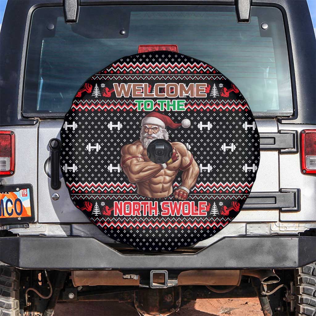 Bodybuilder Santa Christmas Spare Tire Cover with Welcome to the North Swole Quote and Dumbbell - Wonder Print Shop