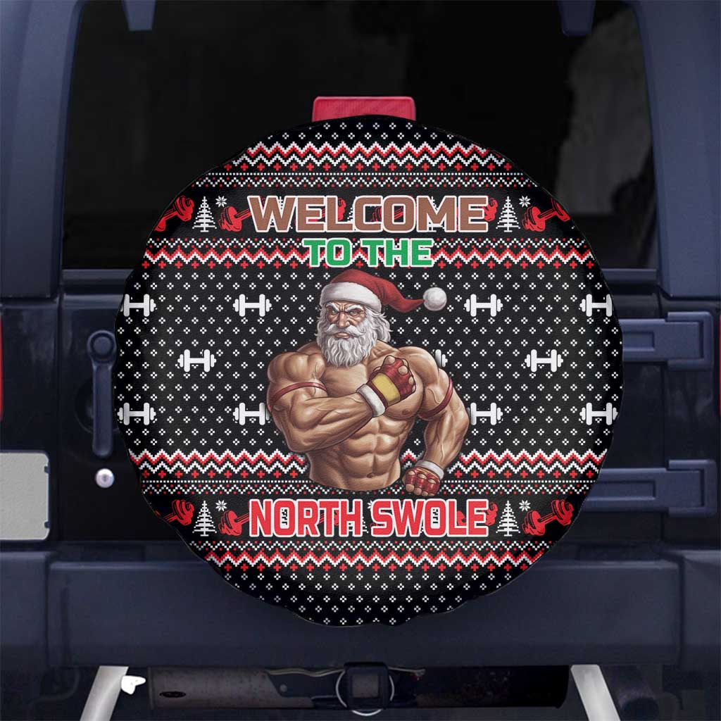 Bodybuilder Santa Christmas Spare Tire Cover with Welcome to the North Swole Quote and Dumbbell - Wonder Print Shop