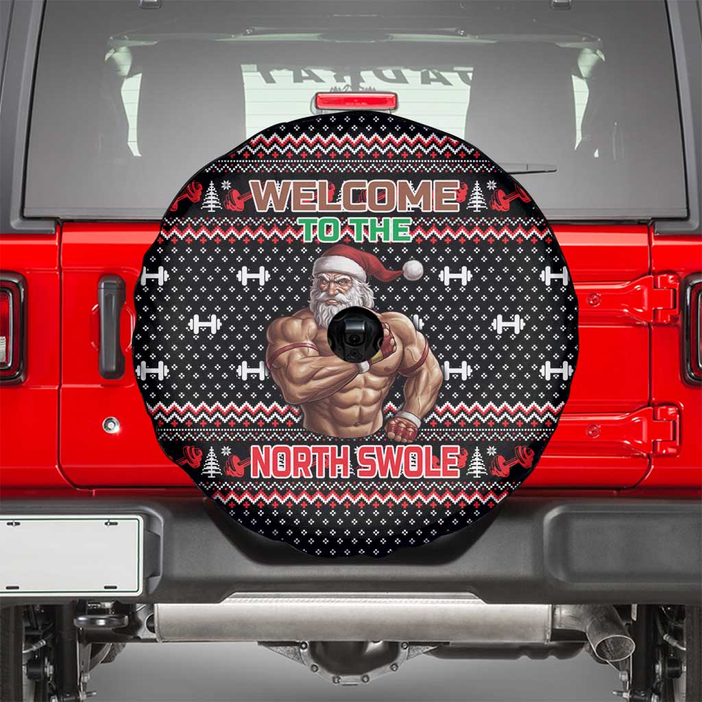 Bodybuilder Santa Christmas Spare Tire Cover with Welcome to the North Swole Quote and Dumbbell - Wonder Print Shop