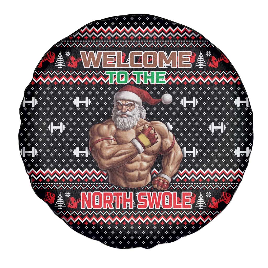Bodybuilder Santa Christmas Spare Tire Cover with Welcome to the North Swole Quote and Dumbbell - Wonder Print Shop