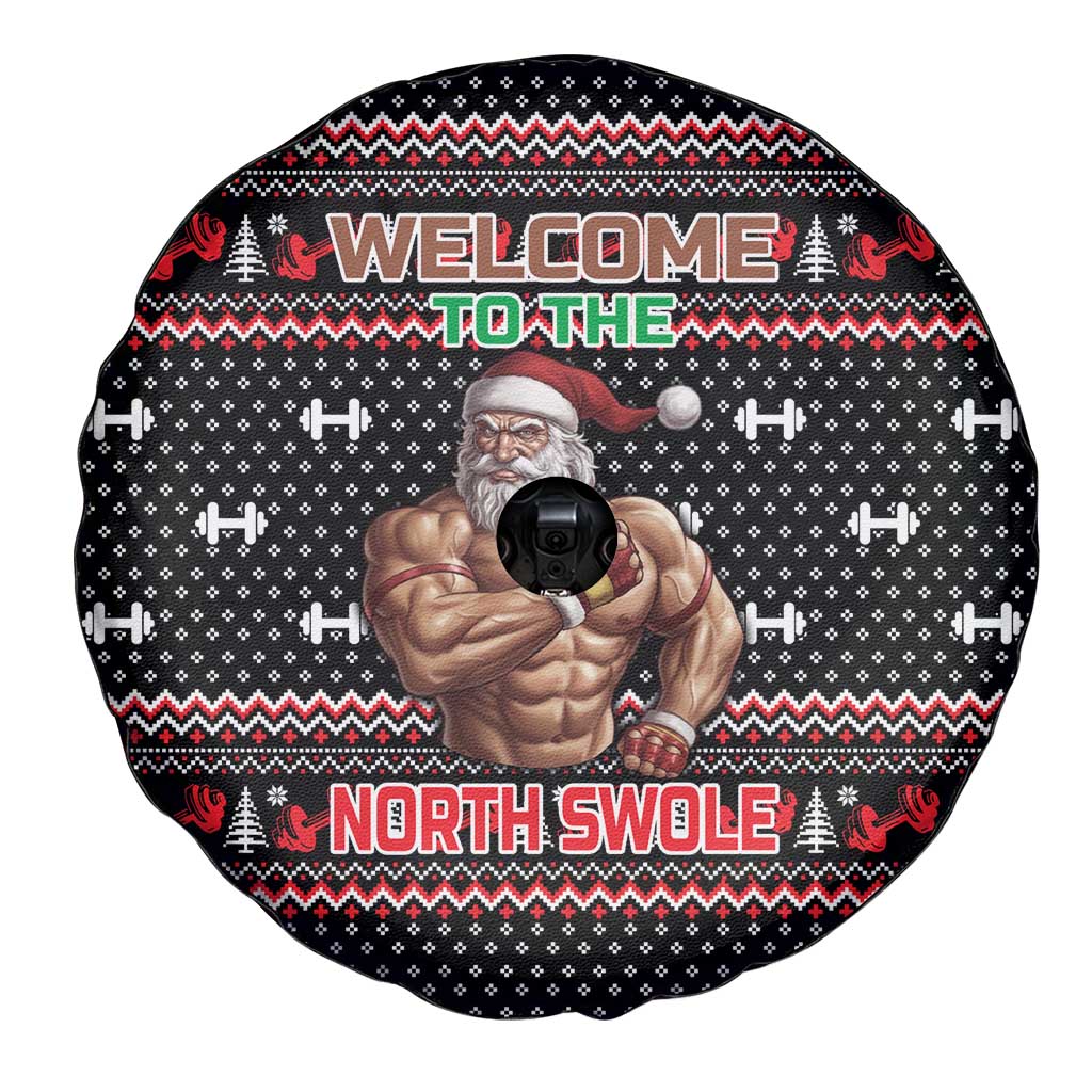 Bodybuilder Santa Christmas Spare Tire Cover with Welcome to the North Swole Quote and Dumbbell - Wonder Print Shop