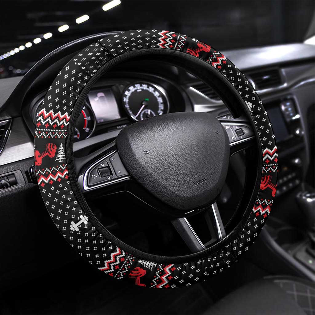 Bodybuilder Santa Christmas Steering Wheel Cover with Welcome to the North Swole Quote and Dumbbell - Wonder Print Shop