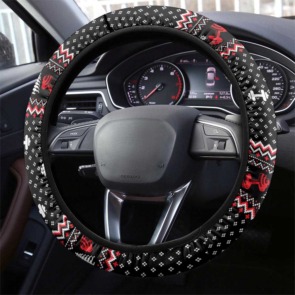 Bodybuilder Santa Christmas Steering Wheel Cover with Welcome to the North Swole Quote and Dumbbell - Wonder Print Shop