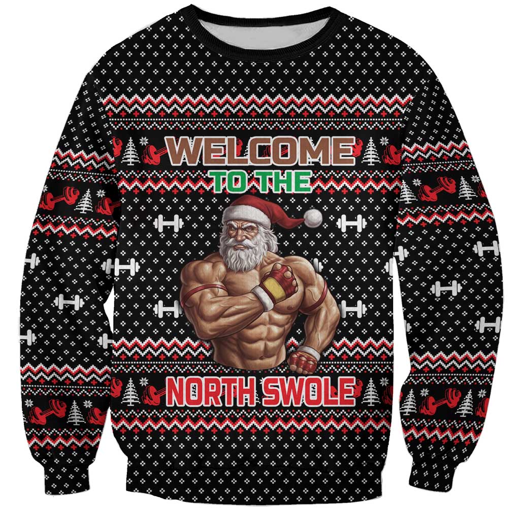 Bodybuilder Santa Christmas Sweatshirt with Welcome to the North Swole Quote and Dumbbell - Wonder Print Shop