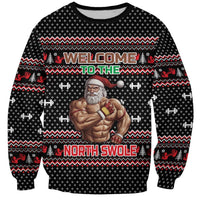 Bodybuilder Santa Christmas Sweatshirt with Welcome to the North Swole Quote and Dumbbell - Wonder Print Shop