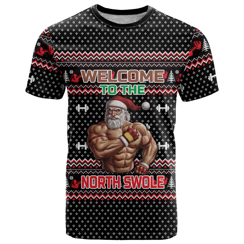 Bodybuilder Santa Christmas T Shirt with Welcome to the North Swole Quote and Dumbbell - Wonder Print Shop