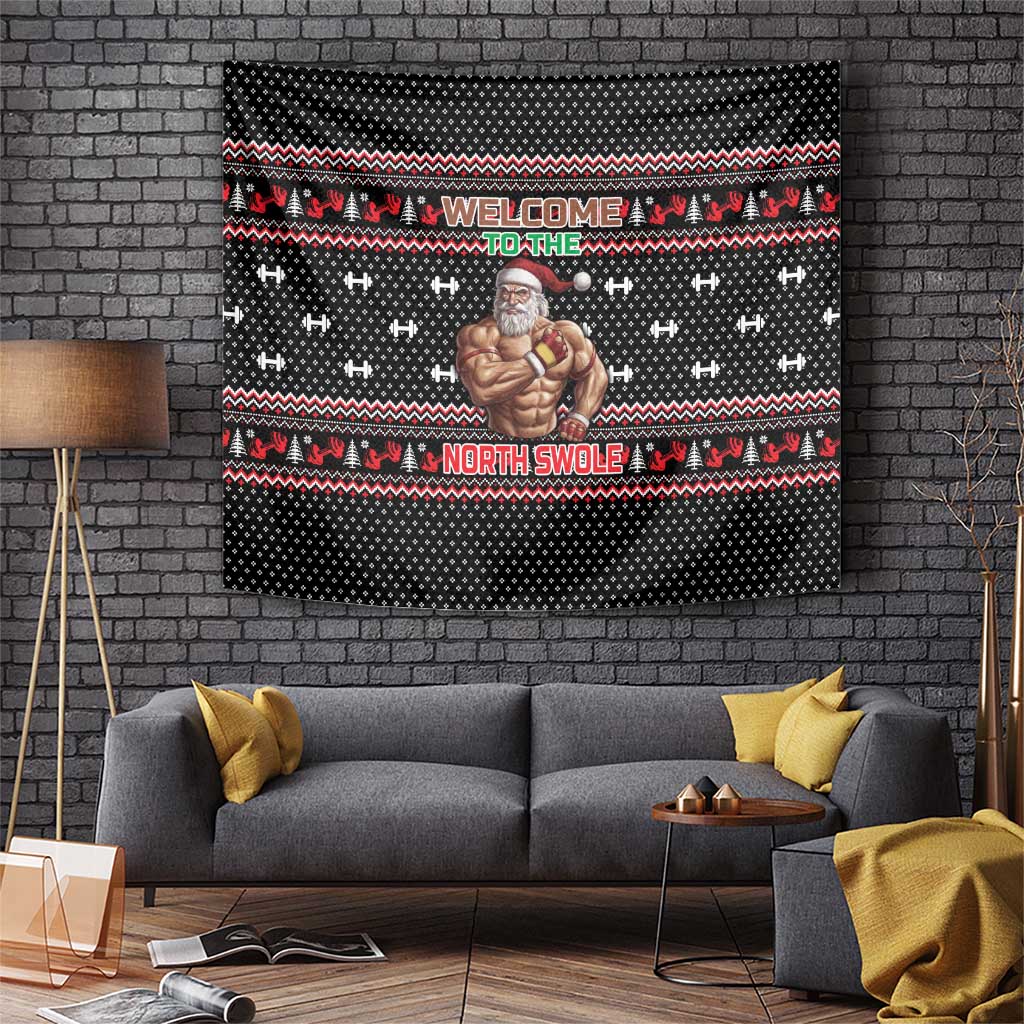 Bodybuilder Santa Christmas Tapestry with Welcome to the North Swole Quote and Dumbbell - Wonder Print Shop