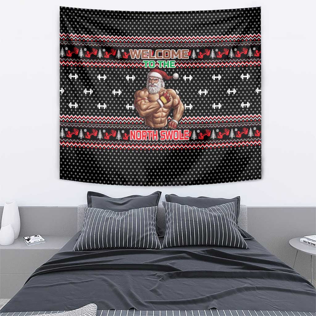 Bodybuilder Santa Christmas Tapestry with Welcome to the North Swole Quote and Dumbbell - Wonder Print Shop