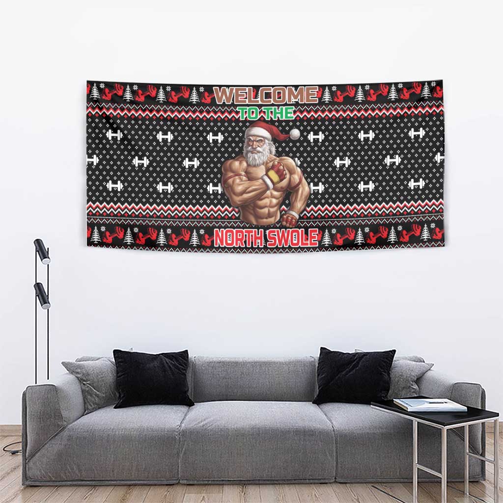 Bodybuilder Santa Christmas Tapestry with Welcome to the North Swole Quote and Dumbbell - Wonder Print Shop