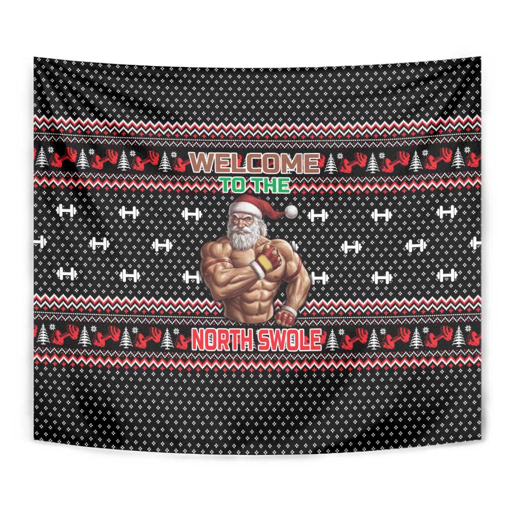 Bodybuilder Santa Christmas Tapestry with Welcome to the North Swole Quote and Dumbbell - Wonder Print Shop
