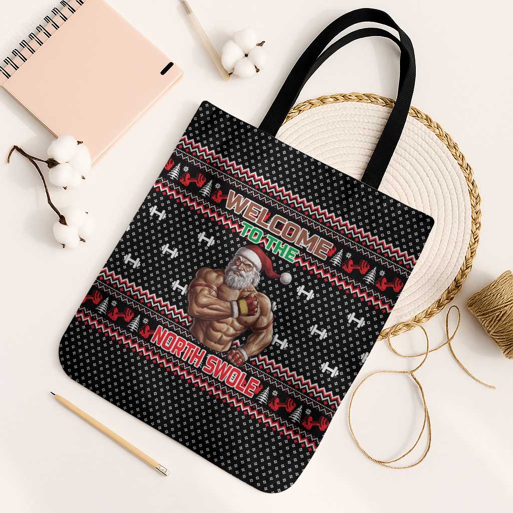 Bodybuilder Santa Christmas Tote Bag with Welcome to the North Swole Quote and Dumbbell - Wonder Print Shop