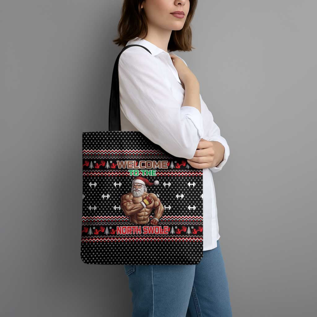 Bodybuilder Santa Christmas Tote Bag with Welcome to the North Swole Quote and Dumbbell - Wonder Print Shop