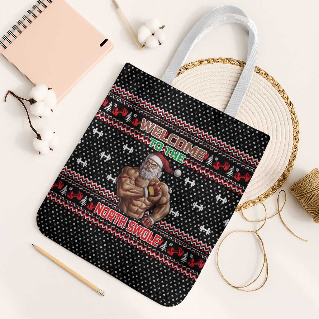 Bodybuilder Santa Christmas Tote Bag with Welcome to the North Swole Quote and Dumbbell - Wonder Print Shop