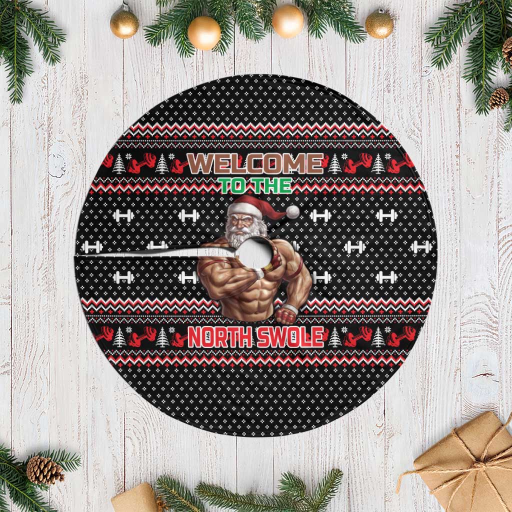 Bodybuilder Santa Christmas Tree Skirt with Welcome to the North Swole Quote and Dumbbell - Wonder Print Shop