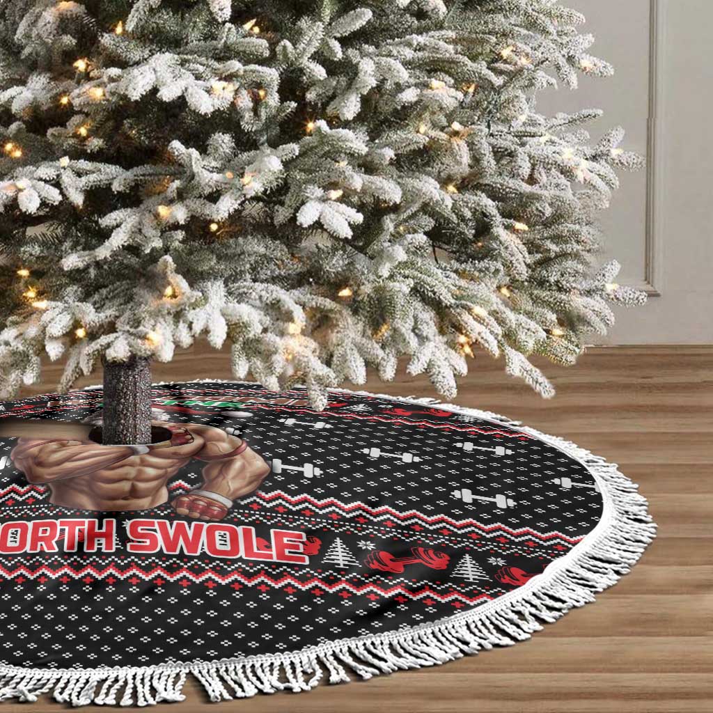 Bodybuilder Santa Christmas Tree Skirt with Welcome to the North Swole Quote and Dumbbell - Wonder Print Shop