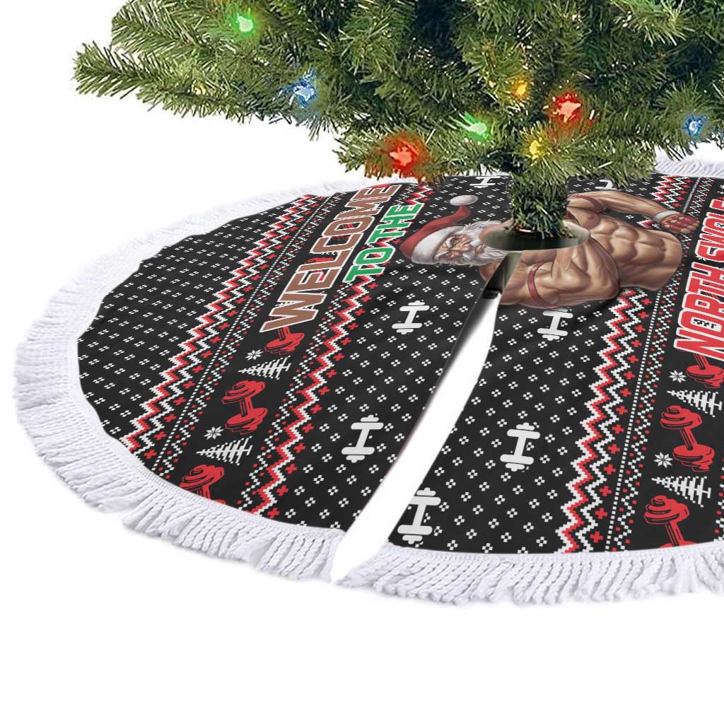 Bodybuilder Santa Christmas Tree Skirt with Welcome to the North Swole Quote and Dumbbell - Wonder Print Shop