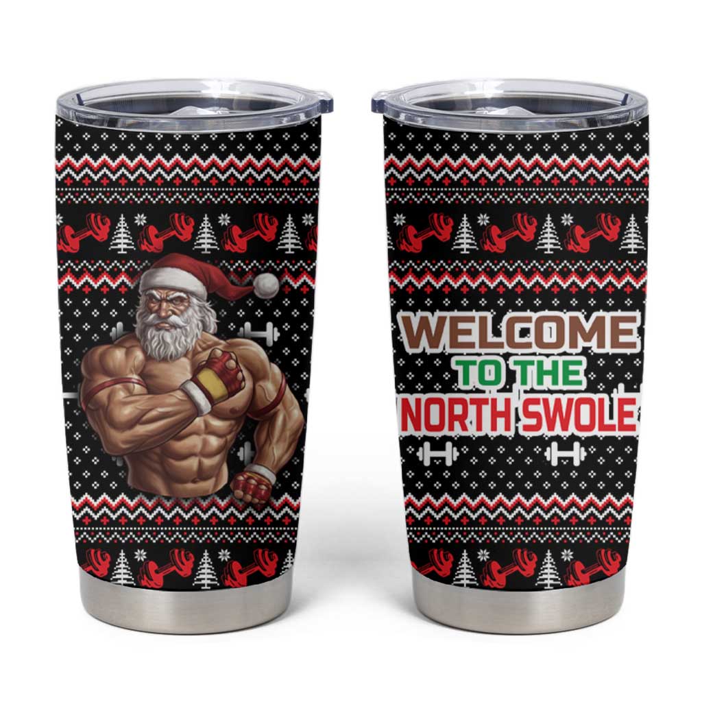 Bodybuilder Santa Christmas Tumbler Cup with Welcome to the North Swole Quote and Dumbbell - Wonder Print Shop