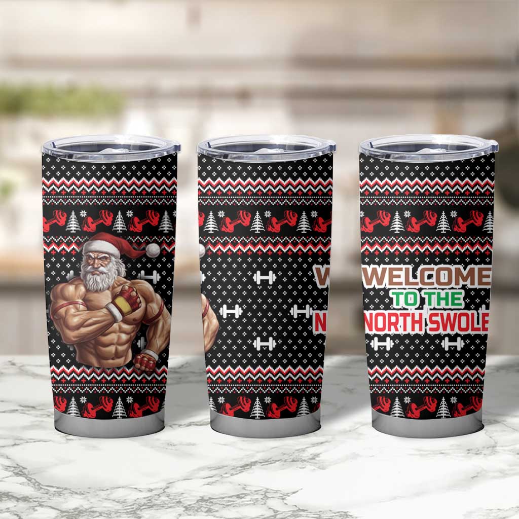 Bodybuilder Santa Christmas Tumbler Cup with Welcome to the North Swole Quote and Dumbbell - Wonder Print Shop