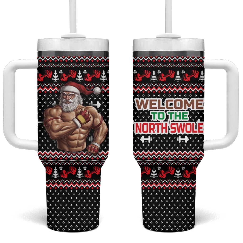 Bodybuilder Santa Christmas Tumbler With Handle with Welcome to the North Swole Quote and Dumbbell - Wonder Print Shop