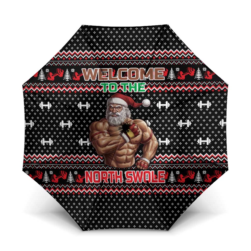 Bodybuilder Santa Christmas Umbrella with Welcome to the North Swole Quote and Dumbbell - Wonder Print Shop