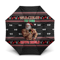 Bodybuilder Santa Christmas Umbrella with Welcome to the North Swole Quote and Dumbbell - Wonder Print Shop