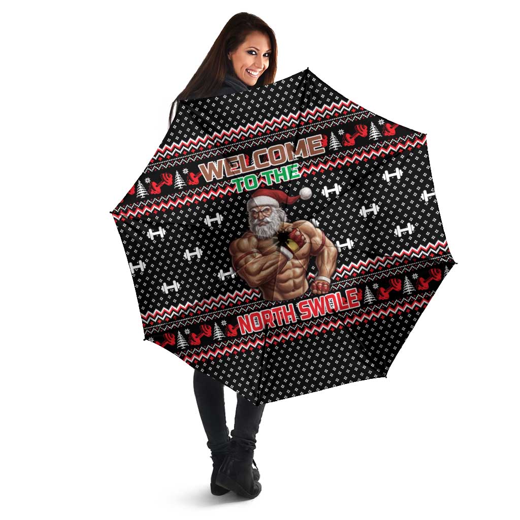 Bodybuilder Santa Christmas Umbrella with Welcome to the North Swole Quote and Dumbbell - Wonder Print Shop