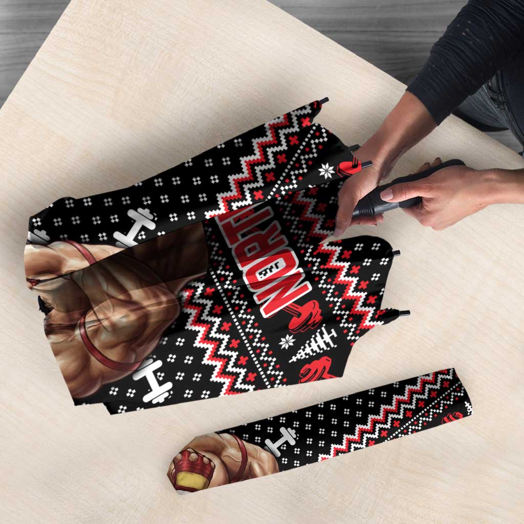 Bodybuilder Santa Christmas Umbrella with Welcome to the North Swole Quote and Dumbbell - Wonder Print Shop